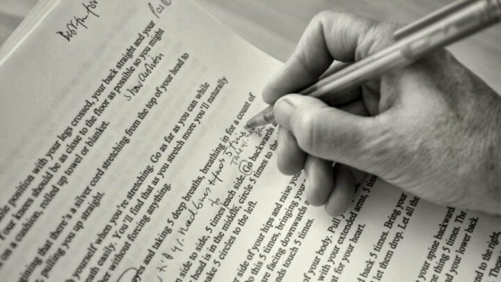 A close up of a hand holding a pen, writing notes on printed text.